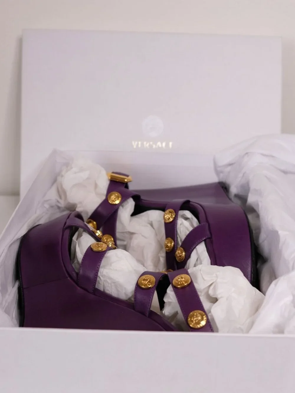 Versace Medusa Studded Platform Wedge Sandals, Royal Purple, size